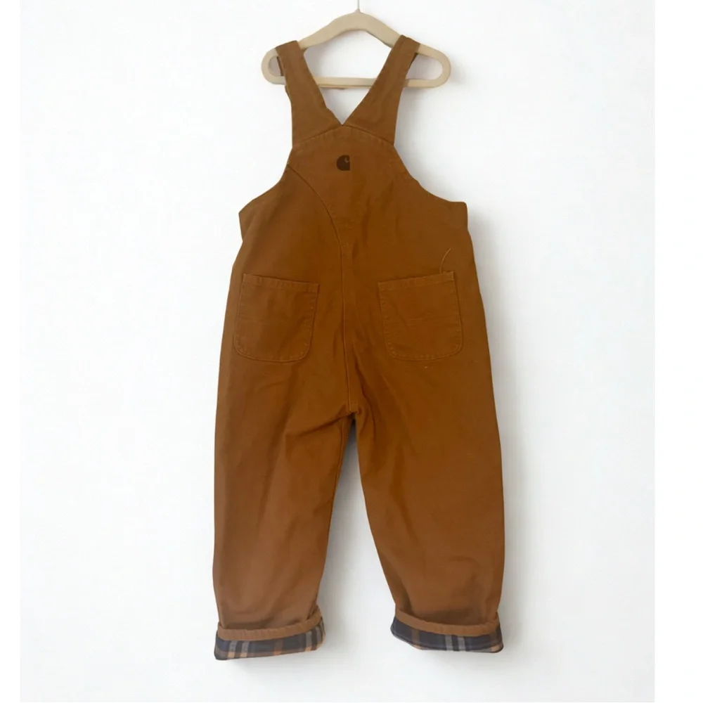 Carhartt Kids Cozy Duck Canvas Lined Overalls 4T Brown Plaid Flannel Winter Bibs - Picture 3 of 4